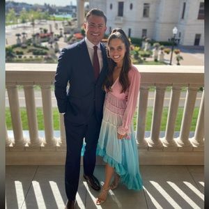 NWOT. Worn once! Rococo Sand Star Light High Low Dress in Blue / Pink.